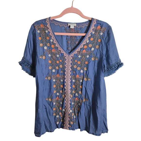 Sundance Rossi Top Fully Embroidered Fringe Short Sleeve Cupro Vegan Silk Size S - Picture 2 of 10